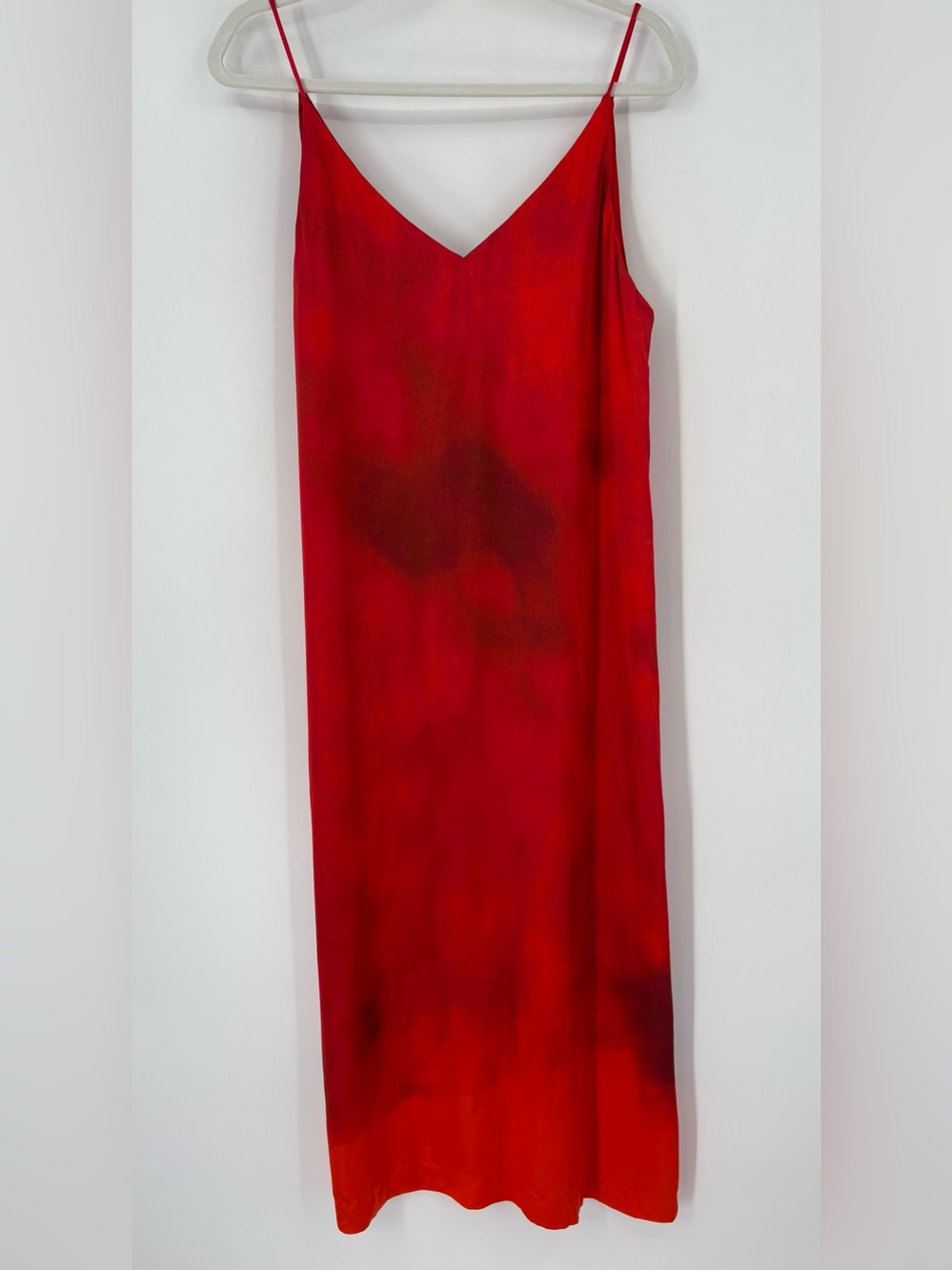 Massimo Dutti Red Ombre Print Flowing Midi Dress V-Neck Size Large